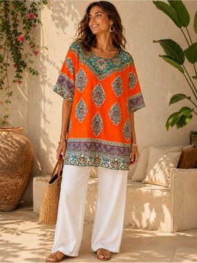 Boutique Boho Resort Tunic Top Orange Paisley Mediterranean Cotton Feel XL